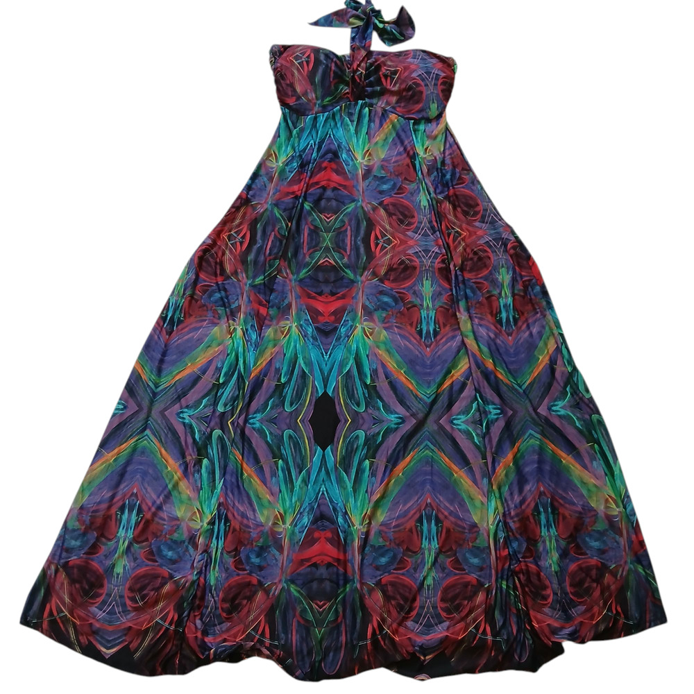Long Psychedelic Multicolor Dress With Halter Neckline And Side Bow Size L